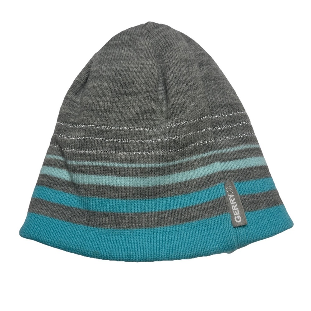 Gerry Striped‎ Knit Beanie Hat Grey Turquoise Metallic Silver Sparkle One Size